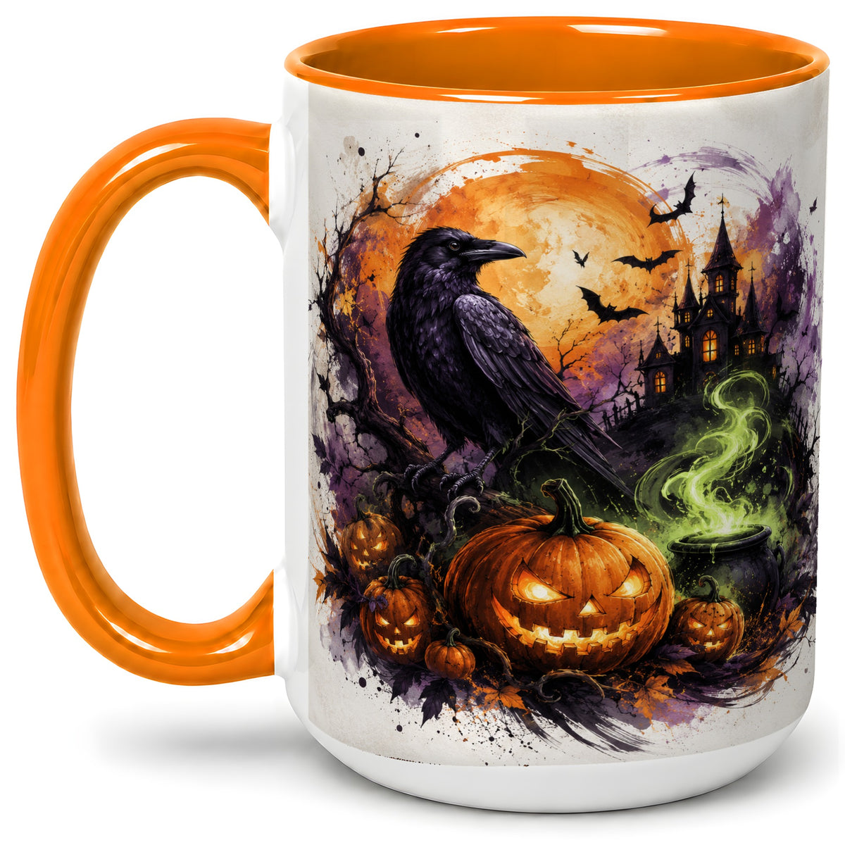 #pl[15oz|Orange] Halloween Raven Ceramic Coffee Cup, Mug with Pumpkin Artwork