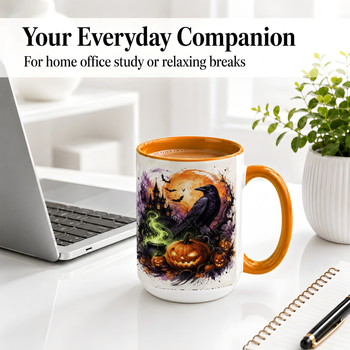 #pl[15oz|Orange] Halloween Raven Ceramic Coffee Cup, Mug with Pumpkin Artwork