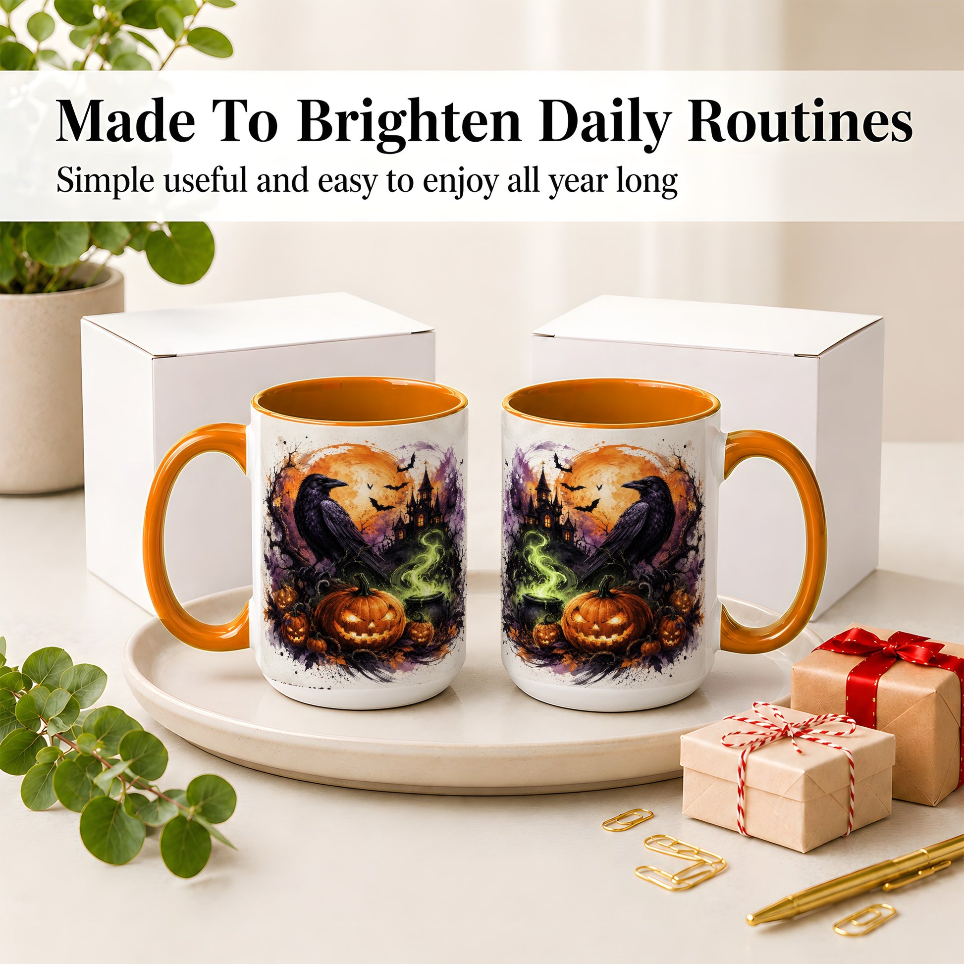 #pl[15oz|Orange] Halloween Raven Ceramic Coffee Cup, Mug with Pumpkin Artwork