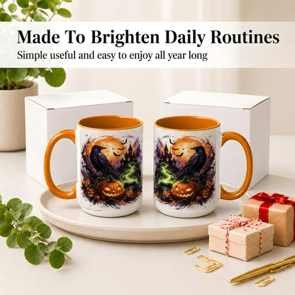 #pl[15oz|Orange] Halloween Raven Ceramic Coffee Cup, Mug with Pumpkin Artwork