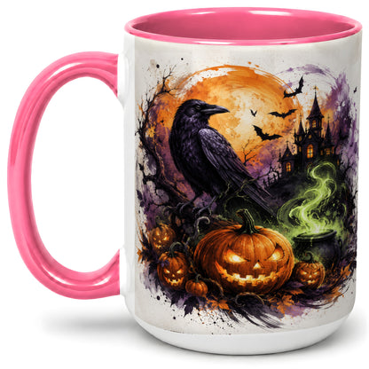 #pl[15oz|Pink] Halloween Raven Ceramic Coffee Cup, Mug with Pumpkin Artwork