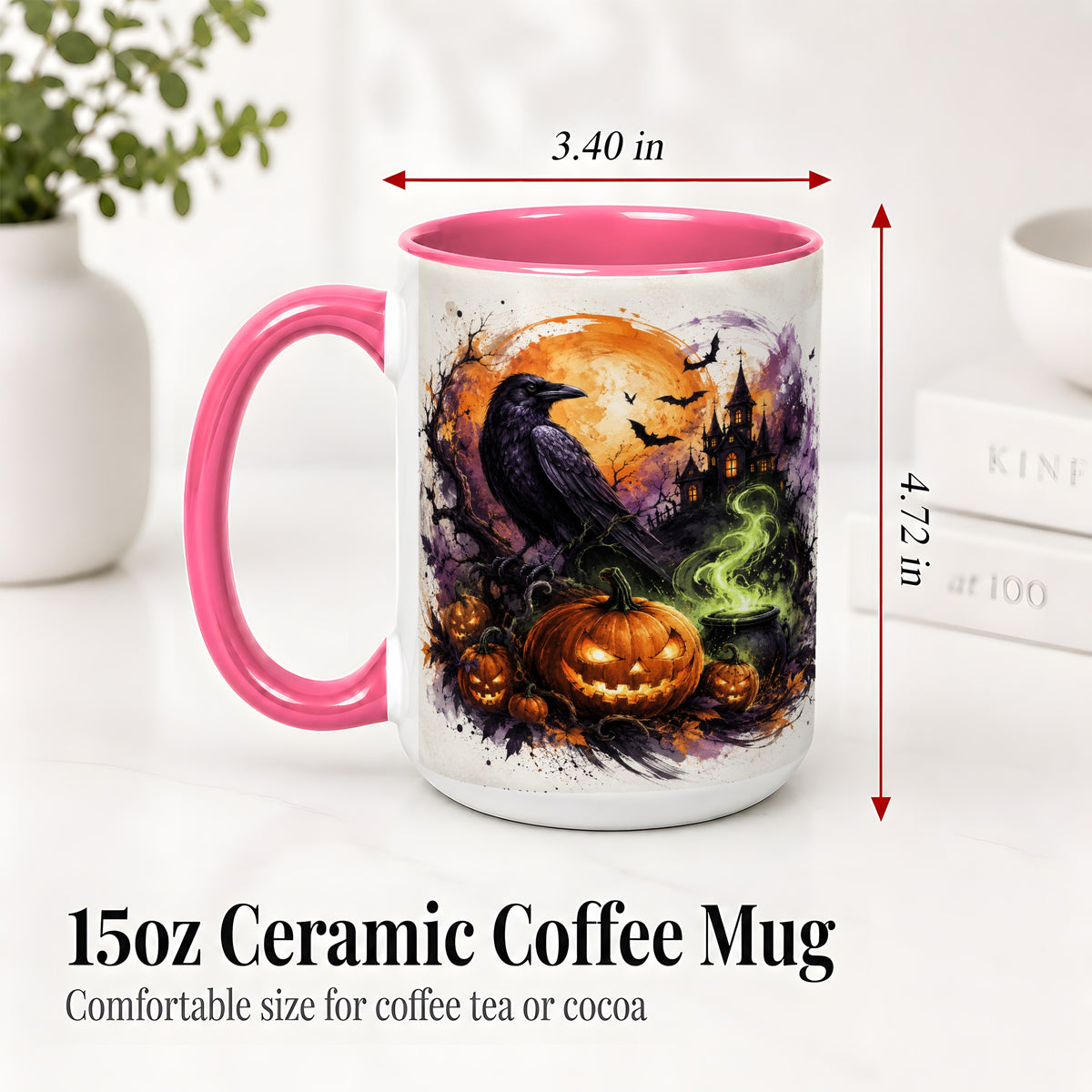 #pl[15oz|Pink] Halloween Raven Ceramic Coffee Cup, Mug with Pumpkin Artwork