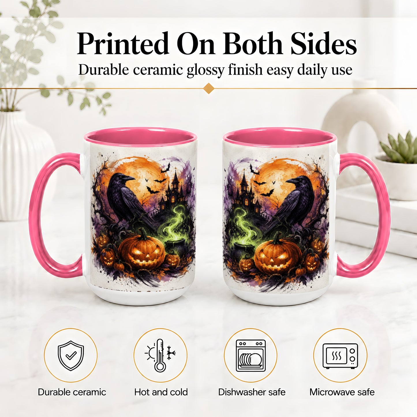 #pl[15oz|Pink] Halloween Raven Ceramic Coffee Cup, Mug with Pumpkin Artwork