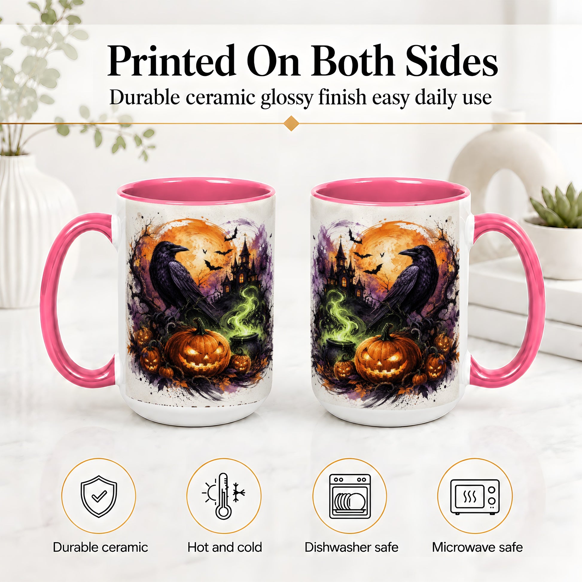#pl[15oz|Pink] Halloween Raven Ceramic Coffee Cup, Mug with Pumpkin Artwork