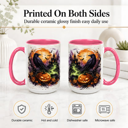 #pl[15oz|Pink] Halloween Raven Ceramic Coffee Cup, Mug with Pumpkin Artwork