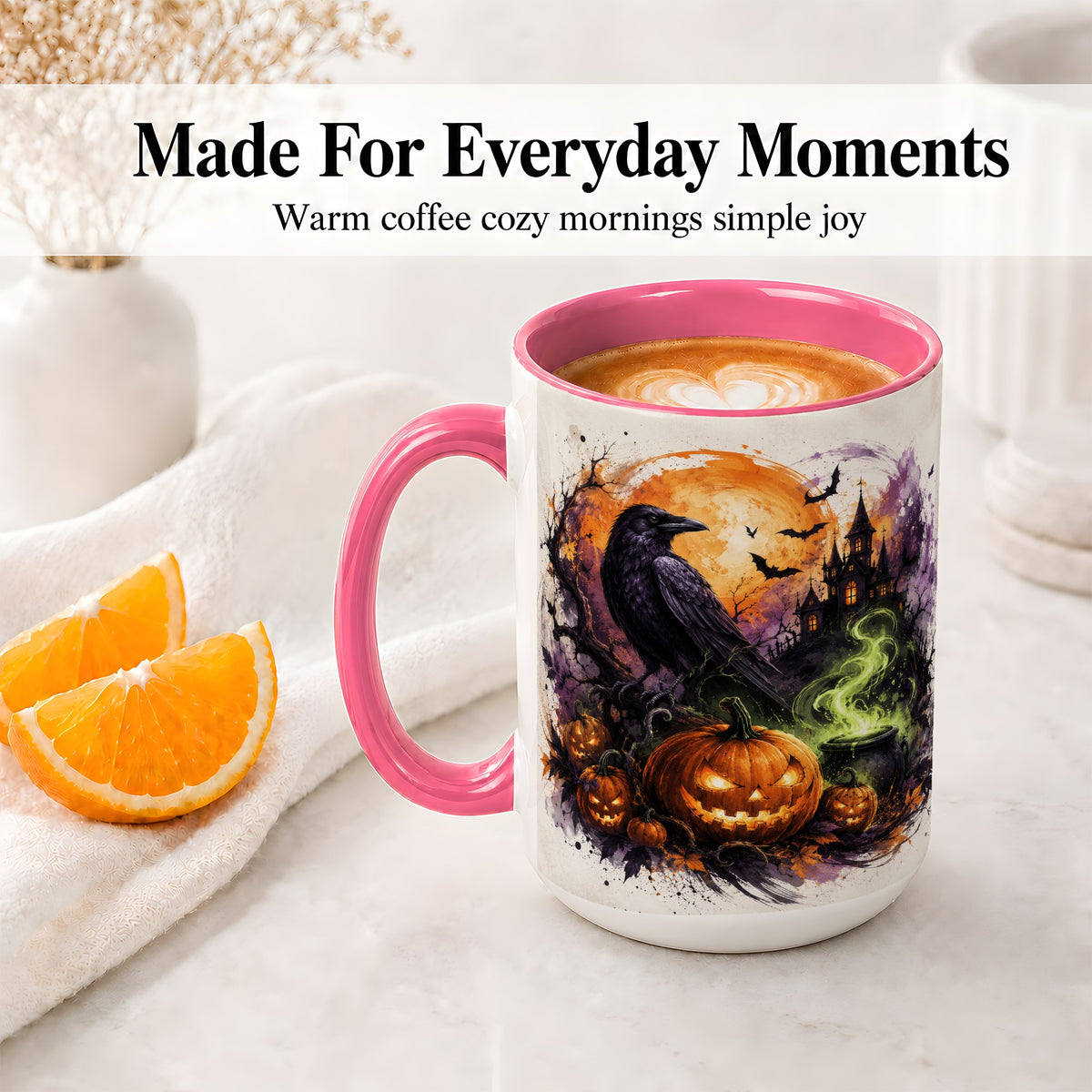 #pl[15oz|Pink] Halloween Raven Ceramic Coffee Cup, Mug with Pumpkin Artwork