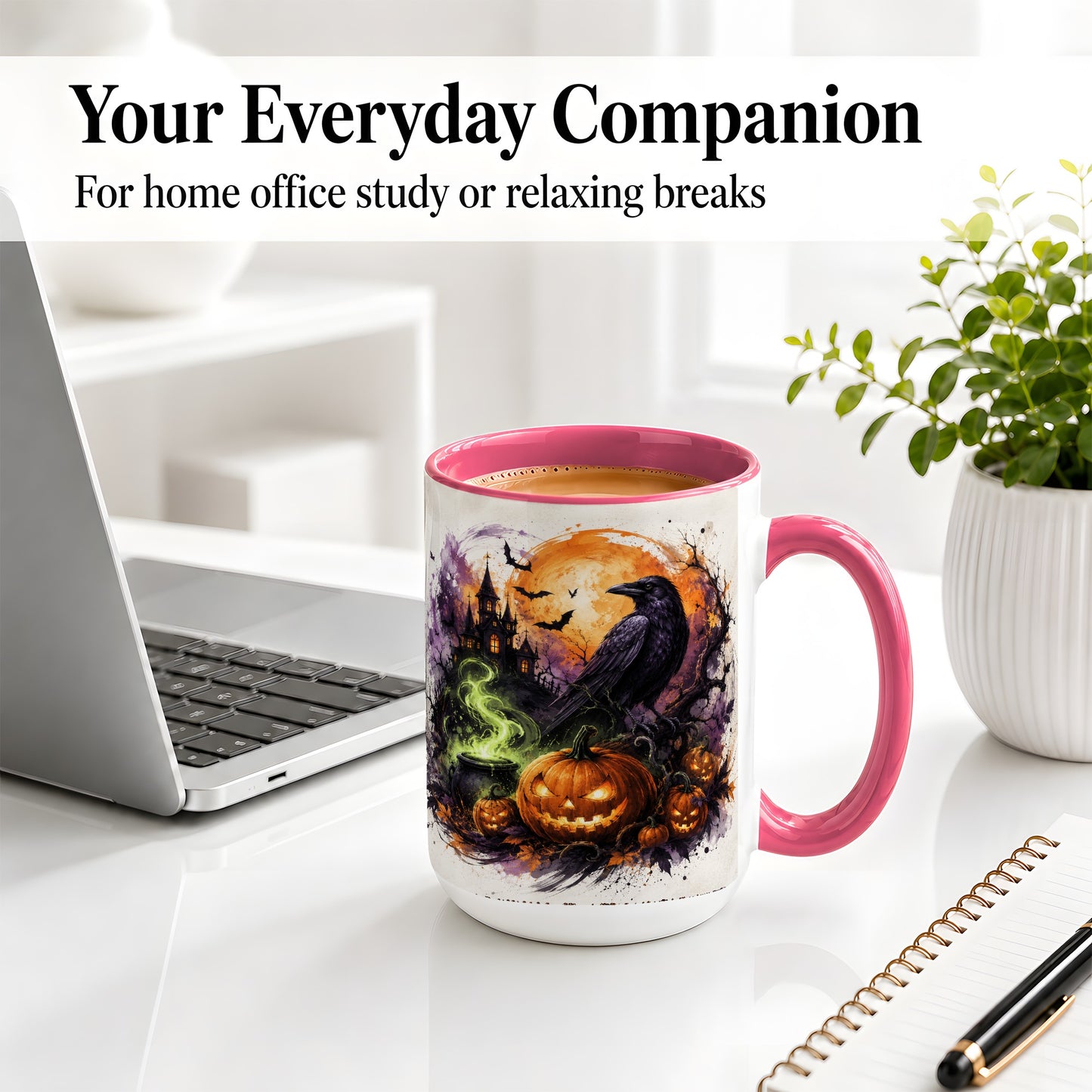 #pl[15oz|Pink] Halloween Raven Ceramic Coffee Cup, Mug with Pumpkin Artwork