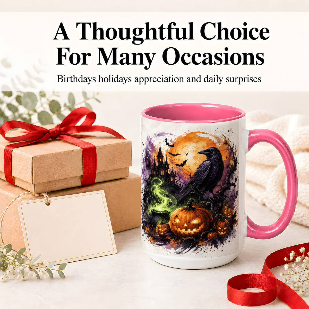 #pl[15oz|Pink] Halloween Raven Ceramic Coffee Cup, Mug with Pumpkin Artwork