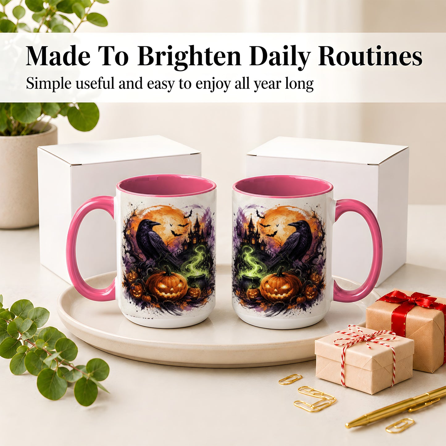 #pl[15oz|Pink] Halloween Raven Ceramic Coffee Cup, Mug with Pumpkin Artwork