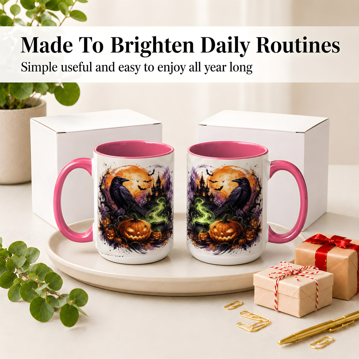 #pl[15oz|Pink] Halloween Raven Ceramic Coffee Cup, Mug with Pumpkin Artwork