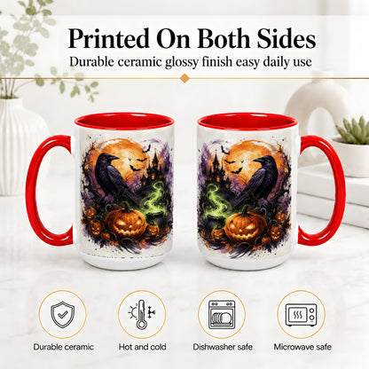 #pl[15oz|Red] Halloween Raven Ceramic Coffee Cup, Mug with Pumpkin Artwork