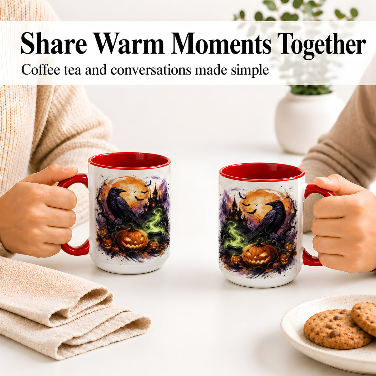#pl[15oz|Red] Halloween Raven Ceramic Coffee Cup, Mug with Pumpkin Artwork