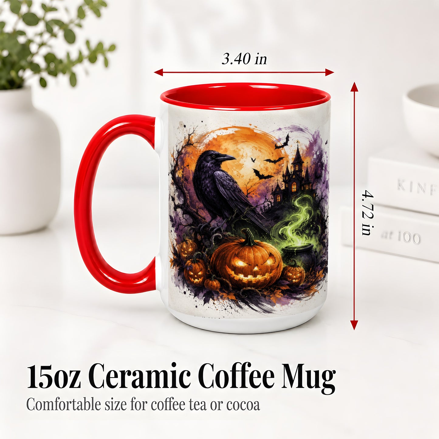 #pl[15oz|Red] Halloween Raven Ceramic Coffee Cup, Mug with Pumpkin Artwork