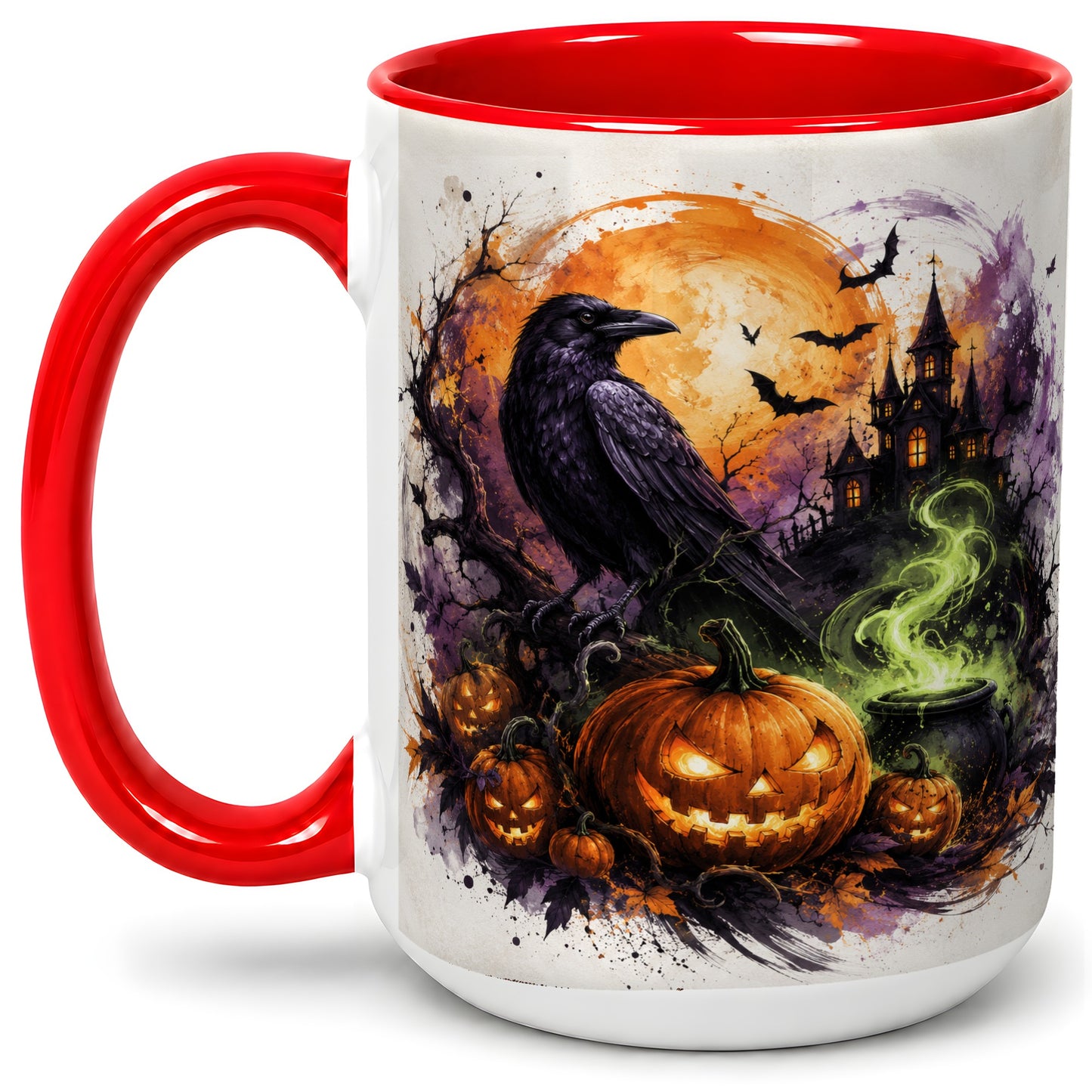#pl[15oz|Red] Halloween Raven Ceramic Coffee Cup, Mug with Pumpkin Artwork
