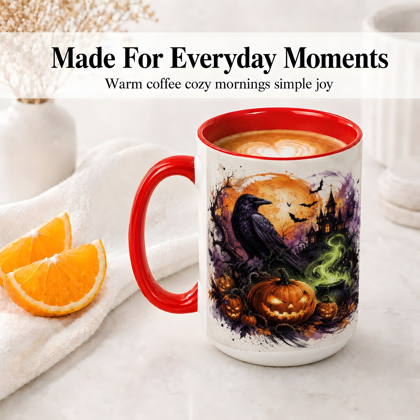 #pl[15oz|Red] Halloween Raven Ceramic Coffee Cup, Mug with Pumpkin Artwork
