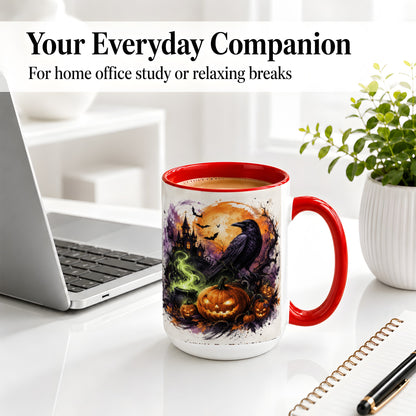 #pl[15oz|Red] Halloween Raven Ceramic Coffee Cup, Mug with Pumpkin Artwork