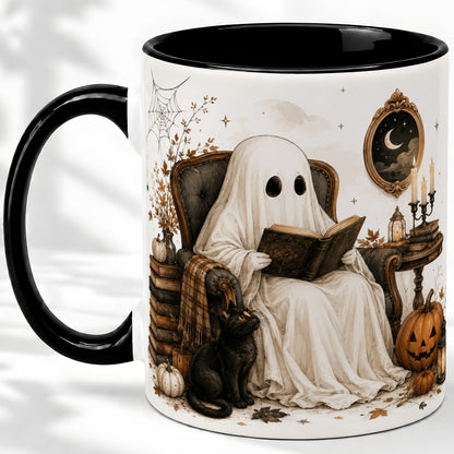 #pl[11oz|Black] Cozy Ghost Reader Ceramic Coffee Cup, Mug with Halloween Artwork