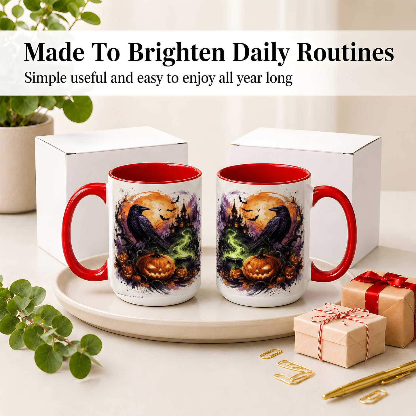 #pl[15oz|Red] Halloween Raven Ceramic Coffee Cup, Mug with Pumpkin Artwork