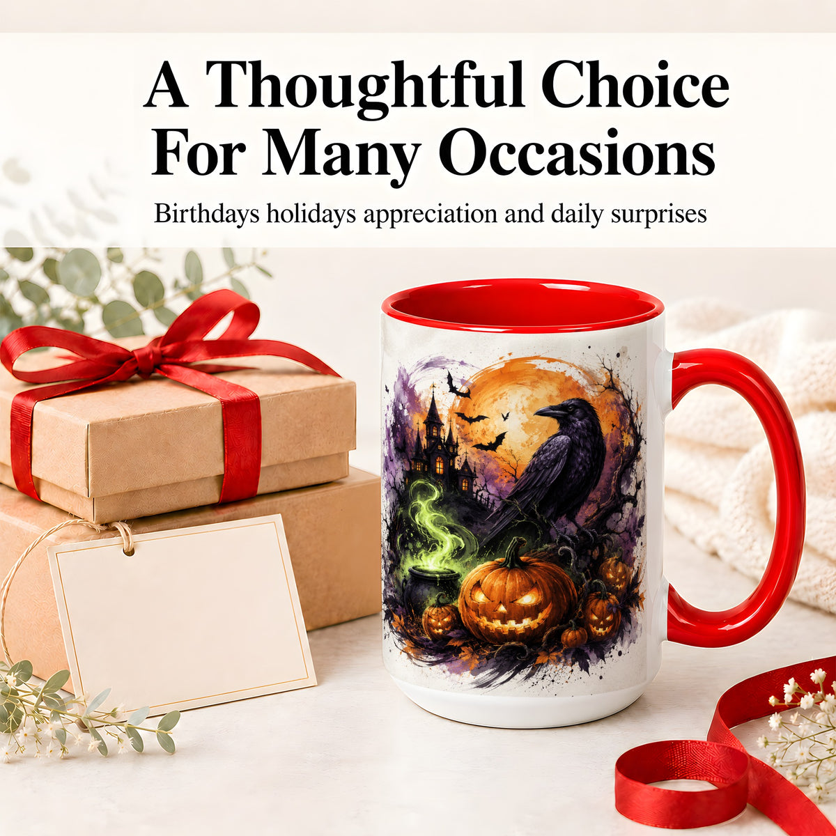#pl[15oz|Red] Halloween Raven Ceramic Coffee Cup, Mug with Pumpkin Artwork