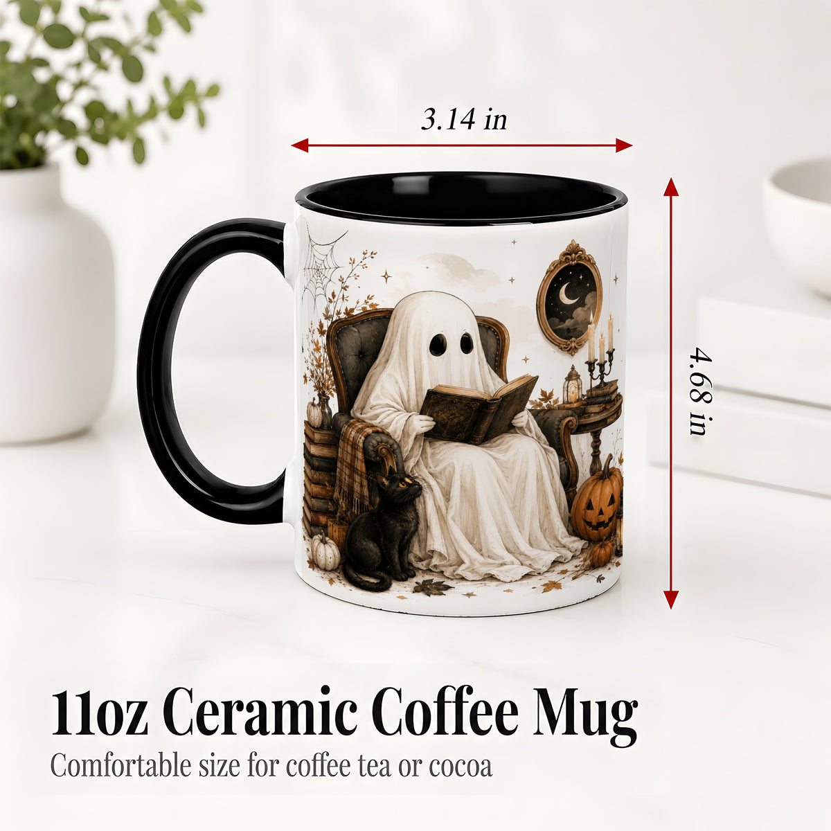 #pl[11oz|Black] Cozy Ghost Reader Ceramic Coffee Cup, Mug with Halloween Artwork