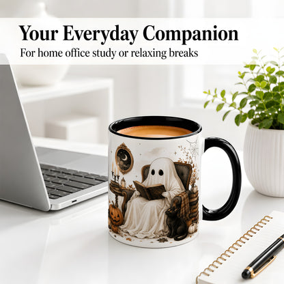 #pl[11oz|Black] Cozy Ghost Reader Ceramic Coffee Cup, Mug with Halloween Artwork
