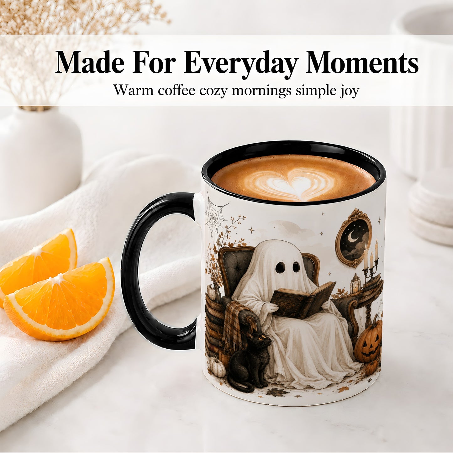 #pl[11oz|Black] Cozy Ghost Reader Ceramic Coffee Cup, Mug with Halloween Artwork
