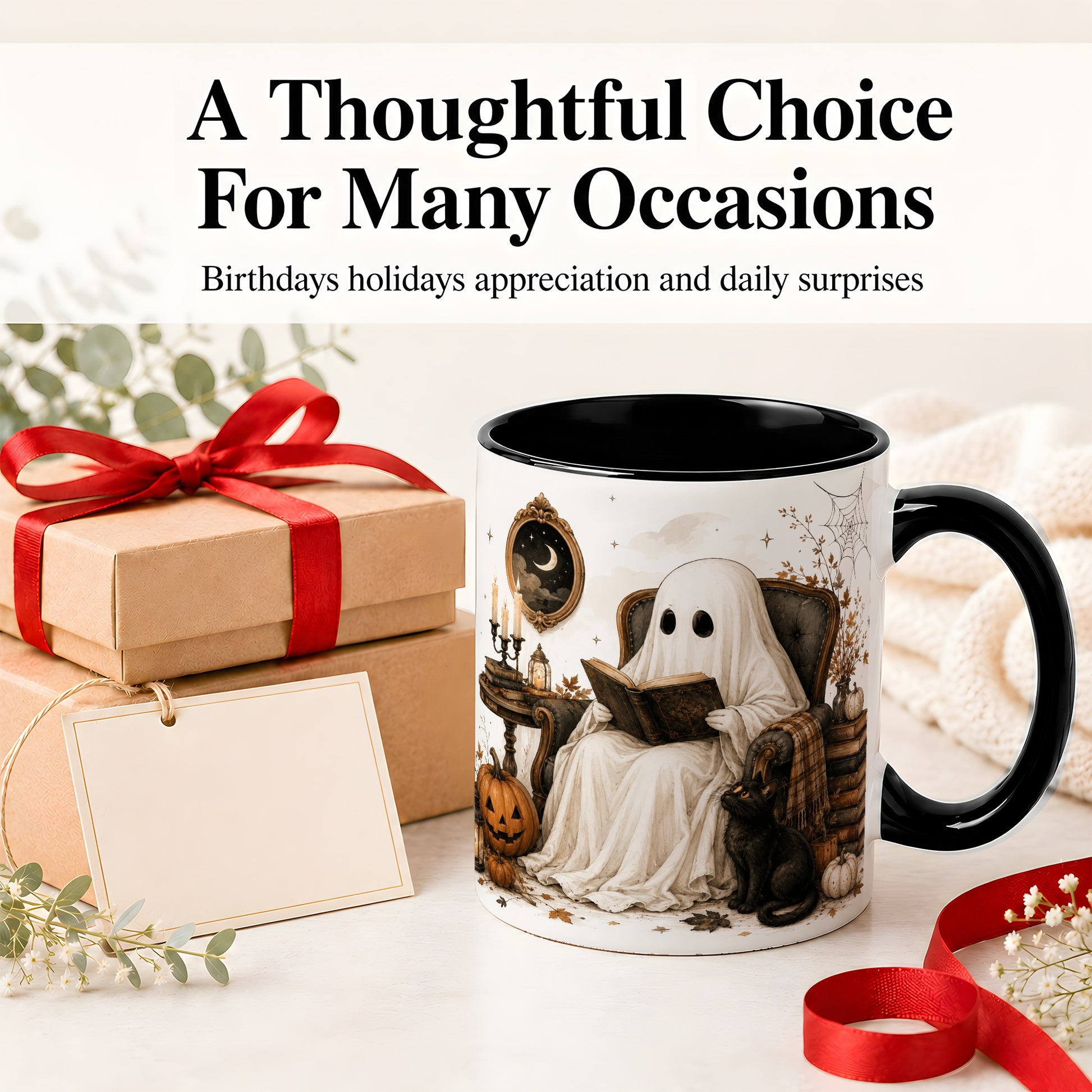 #pl[11oz|Black] Cozy Ghost Reader Ceramic Coffee Cup, Mug with Halloween Artwork