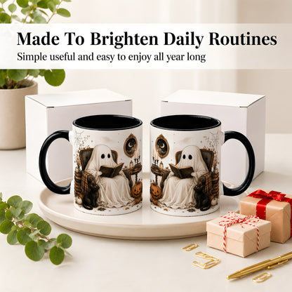 #pl[11oz|Black] Cozy Ghost Reader Ceramic Coffee Cup, Mug with Halloween Artwork