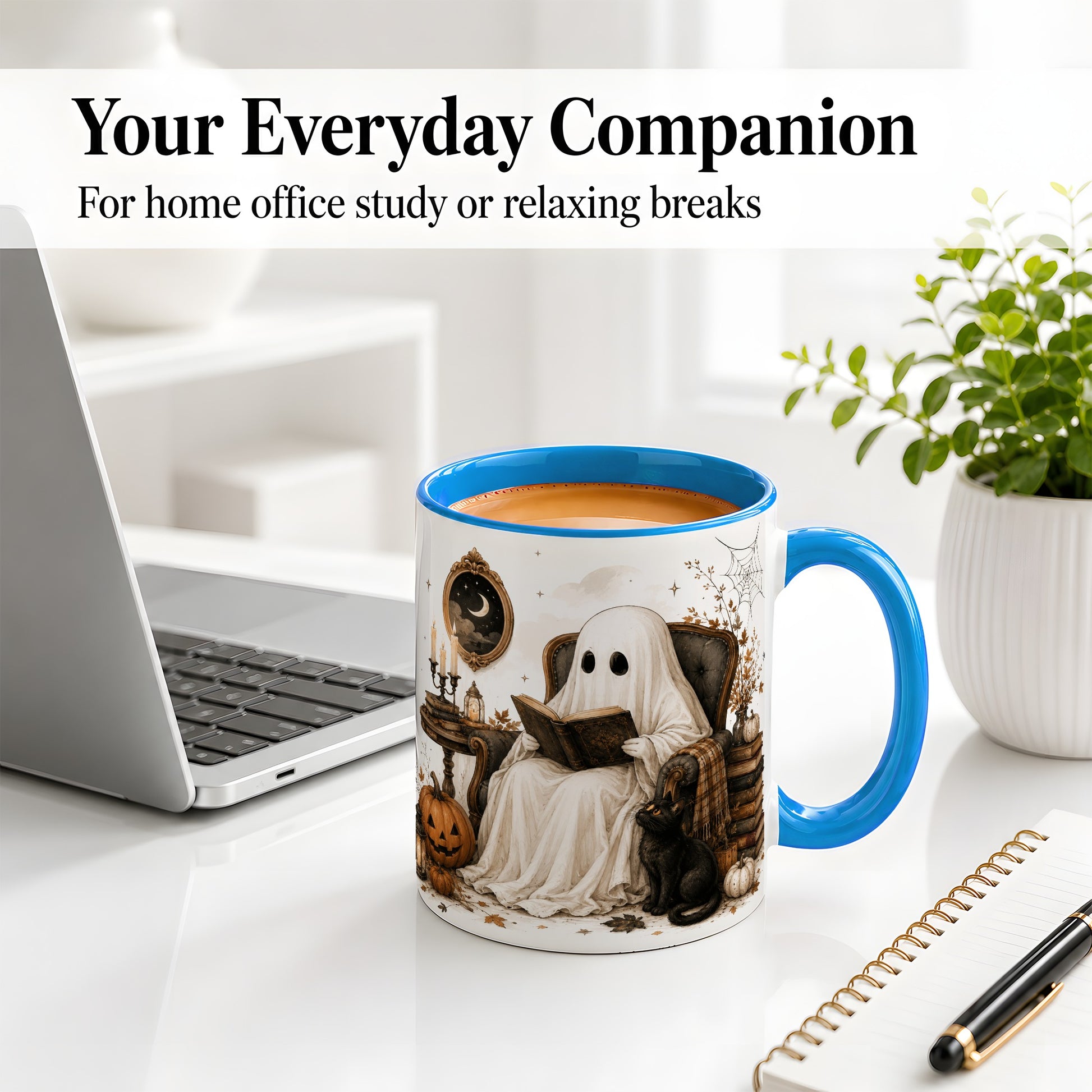 #pl[11oz|Blue] Cozy Ghost Reader Ceramic Coffee Cup, Mug with Halloween Artwork