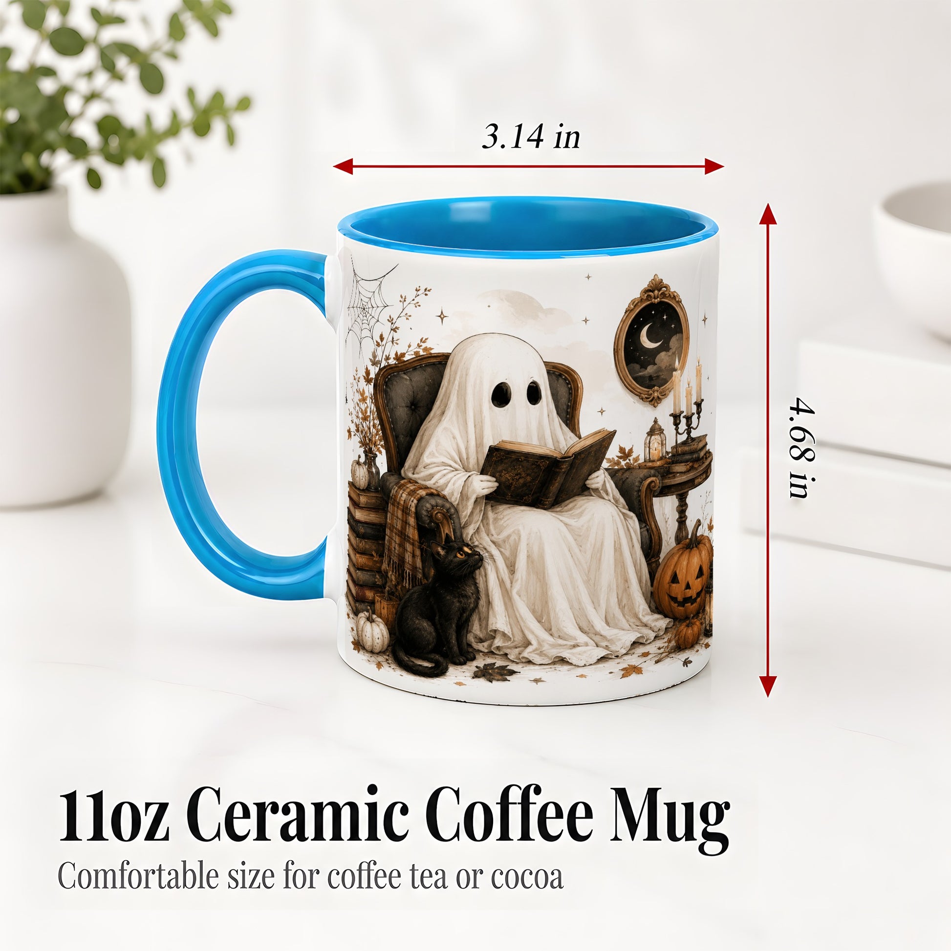 #pl[11oz|Blue] Cozy Ghost Reader Ceramic Coffee Cup, Mug with Halloween Artwork