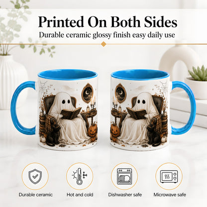 #pl[11oz|Blue] Cozy Ghost Reader Ceramic Coffee Cup, Mug with Halloween Artwork