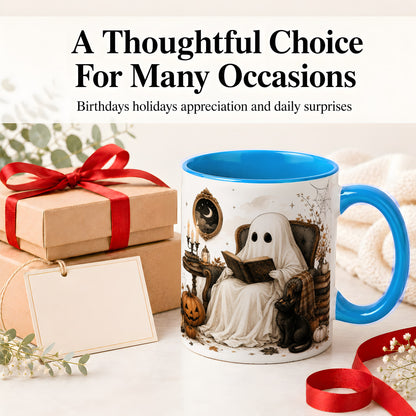 #pl[11oz|Blue] Cozy Ghost Reader Ceramic Coffee Cup, Mug with Halloween Artwork