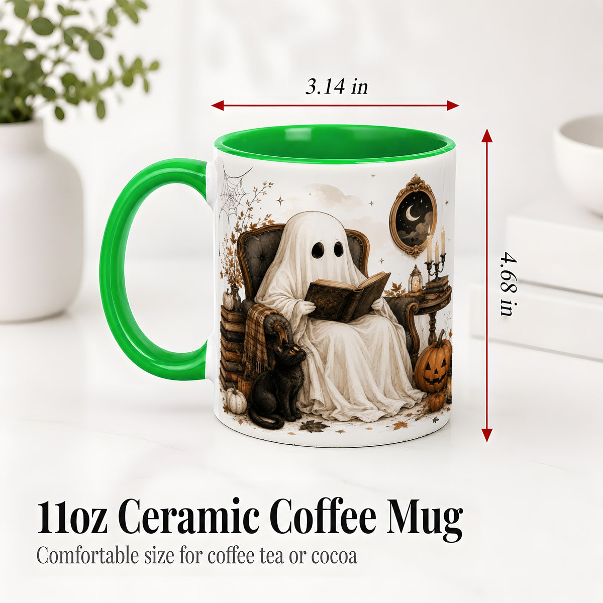 #pl[11oz|Green] Cozy Ghost Reader Ceramic Coffee Cup, Mug with Halloween Artwork