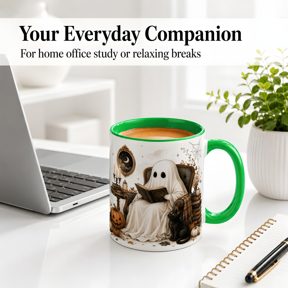 #pl[11oz|Green] Cozy Ghost Reader Ceramic Coffee Cup, Mug with Halloween Artwork