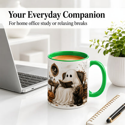 #pl[11oz|Green] Cozy Ghost Reader Ceramic Coffee Cup, Mug with Halloween Artwork