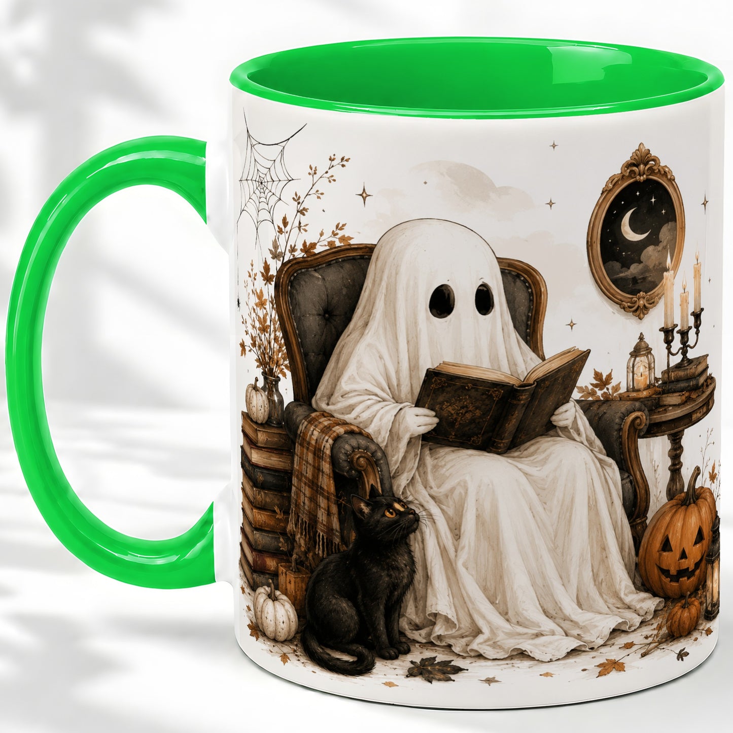 #pl[11oz|Green] Cozy Ghost Reader Ceramic Coffee Cup, Mug with Halloween Artwork