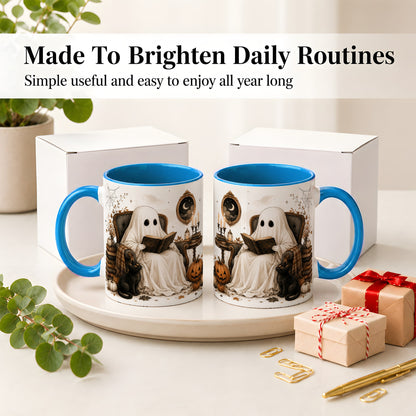#pl[11oz|Blue] Cozy Ghost Reader Ceramic Coffee Cup, Mug with Halloween Artwork