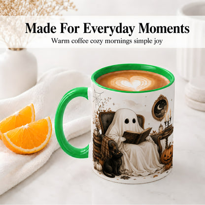 #pl[11oz|Green] Cozy Ghost Reader Ceramic Coffee Cup, Mug with Halloween Artwork