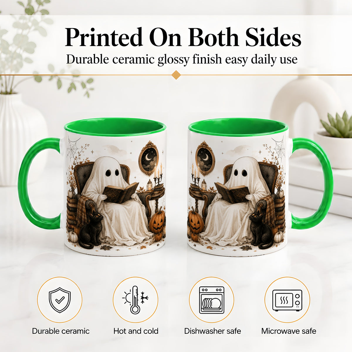 #pl[11oz|Green] Cozy Ghost Reader Ceramic Coffee Cup, Mug with Halloween Artwork