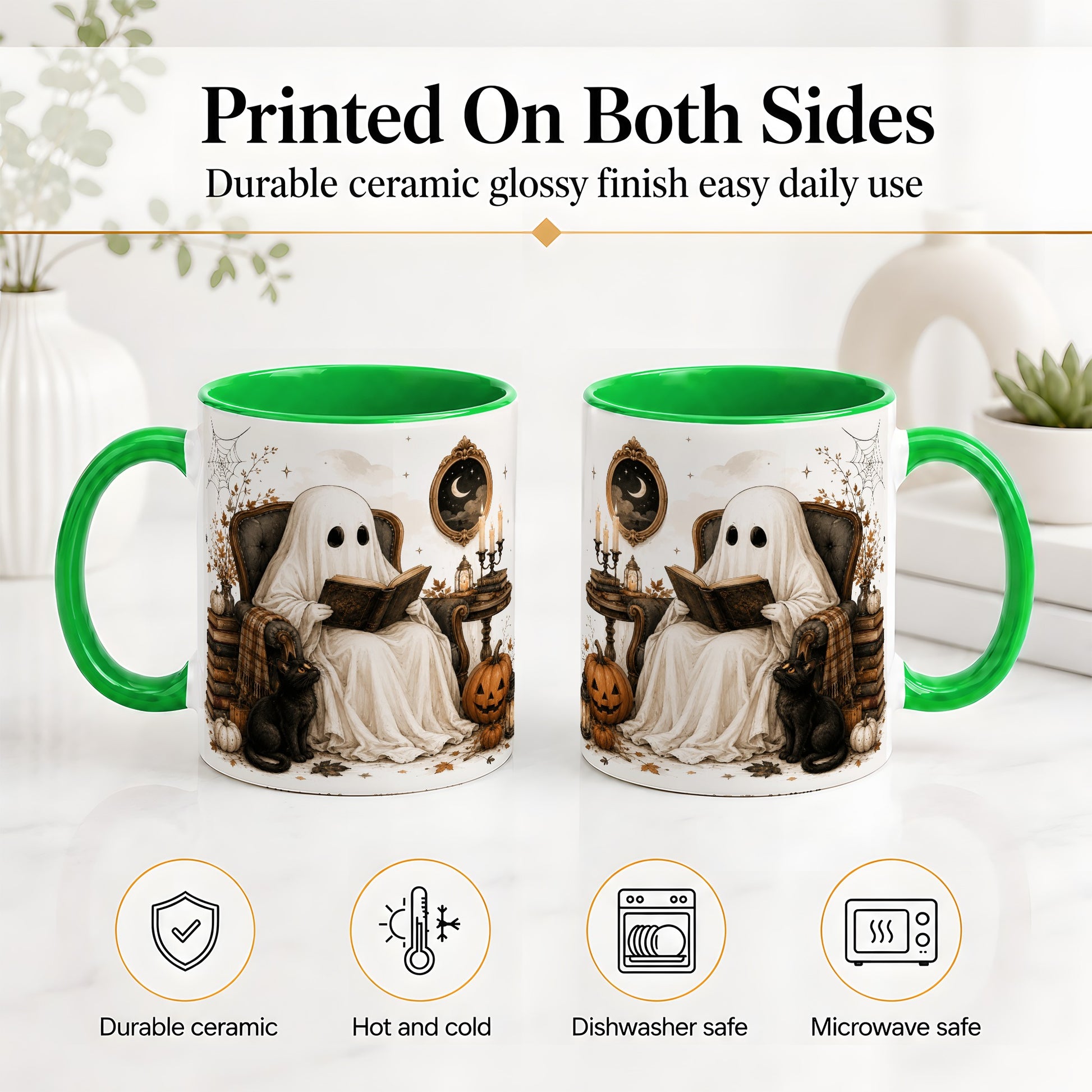 #pl[11oz|Green] Cozy Ghost Reader Ceramic Coffee Cup, Mug with Halloween Artwork