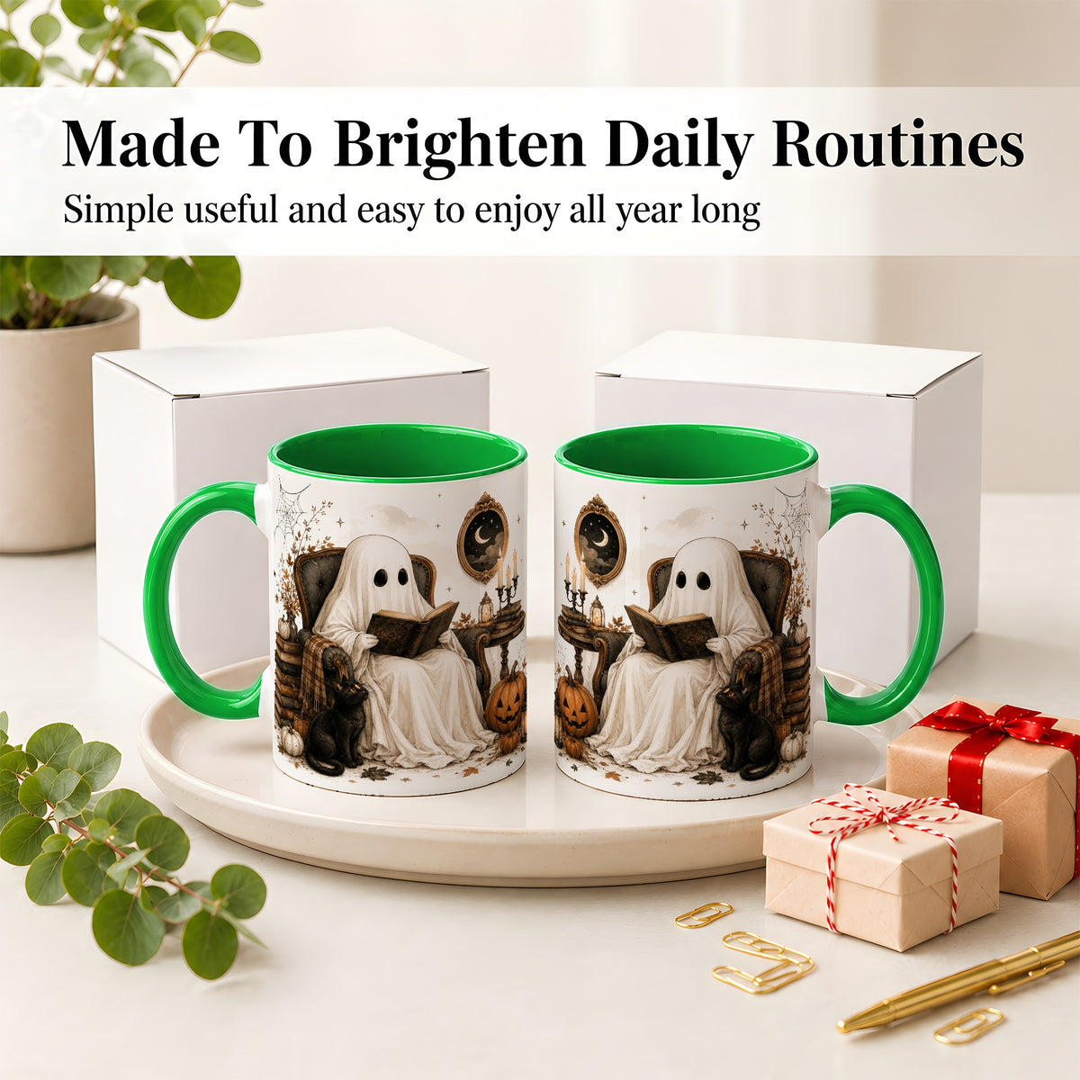 #pl[11oz|Green] Cozy Ghost Reader Ceramic Coffee Cup, Mug with Halloween Artwork