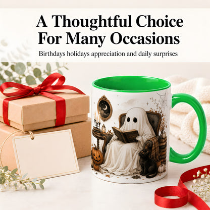 #pl[11oz|Green] Cozy Ghost Reader Ceramic Coffee Cup, Mug with Halloween Artwork
