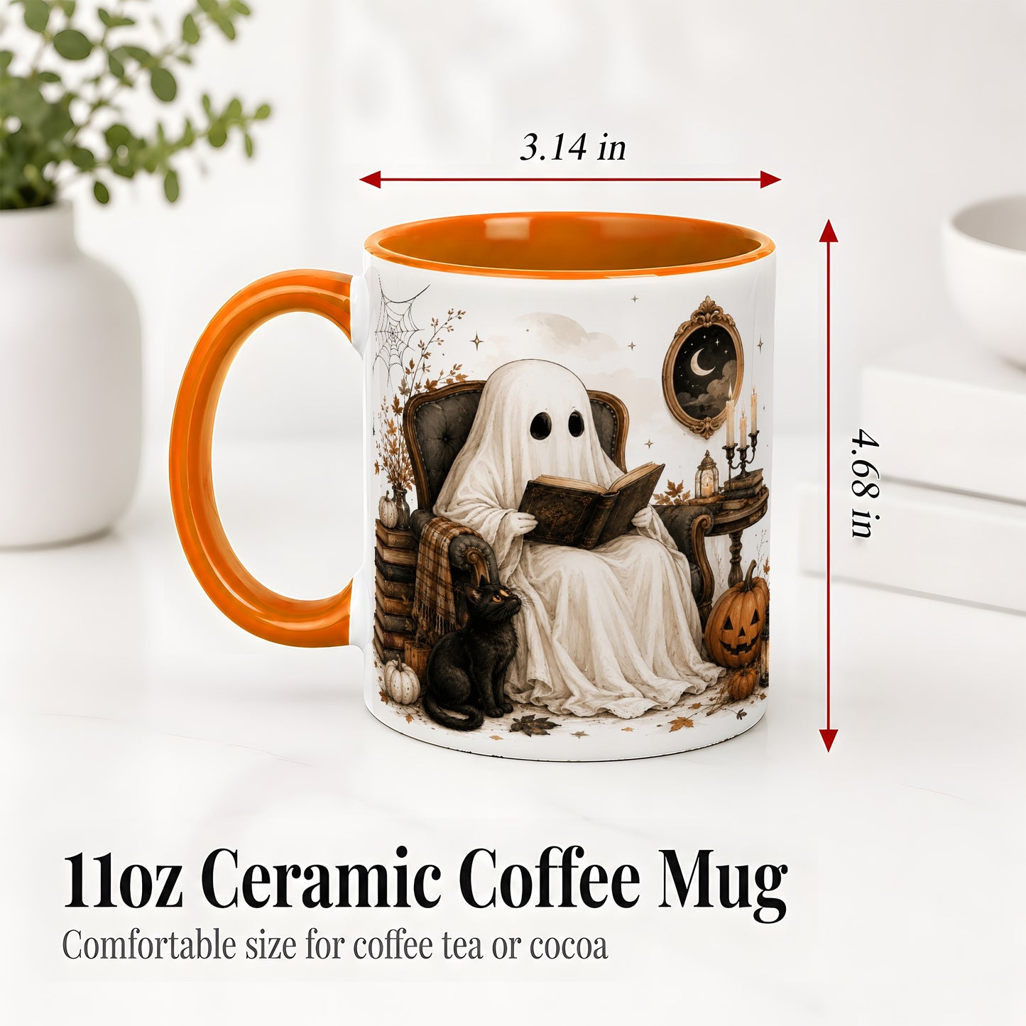 #pl[11oz|Orange] Cozy Ghost Reader Ceramic Coffee Cup, Mug with Halloween Artwork