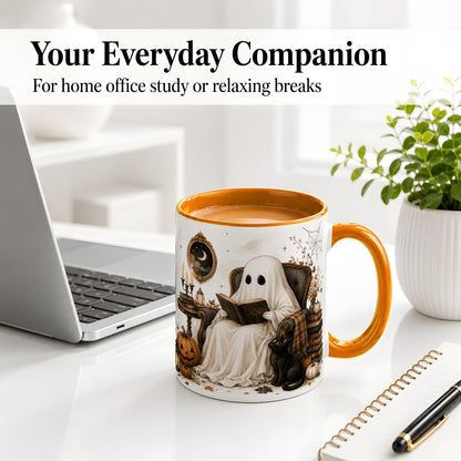 #pl[11oz|Orange] Cozy Ghost Reader Ceramic Coffee Cup, Mug with Halloween Artwork