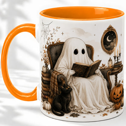 #pl[11oz|Orange] Cozy Ghost Reader Ceramic Coffee Cup, Mug with Halloween Artwork