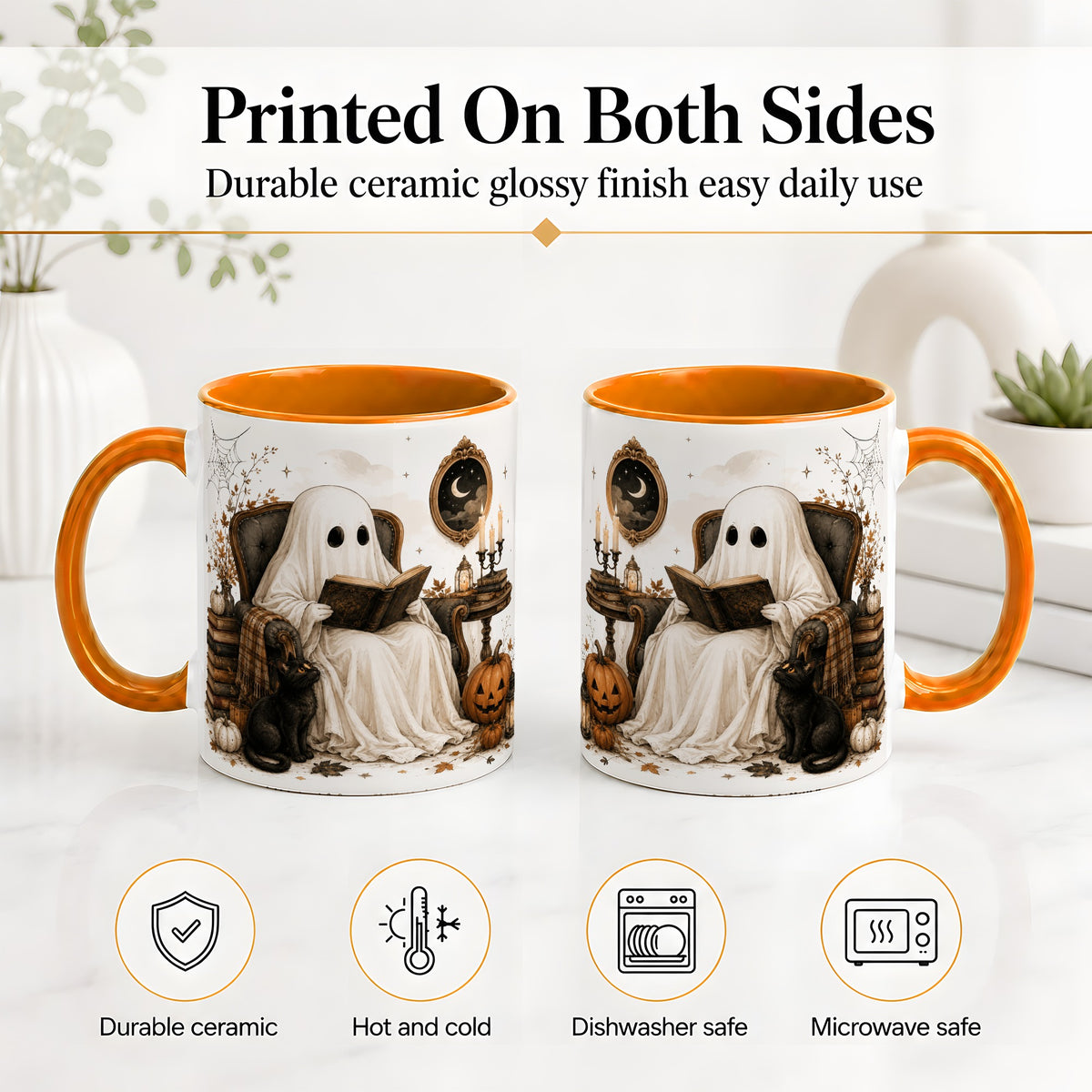 #pl[11oz|Orange] Cozy Ghost Reader Ceramic Coffee Cup, Mug with Halloween Artwork
