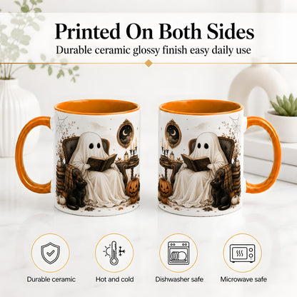 #pl[11oz|Orange] Cozy Ghost Reader Ceramic Coffee Cup, Mug with Halloween Artwork