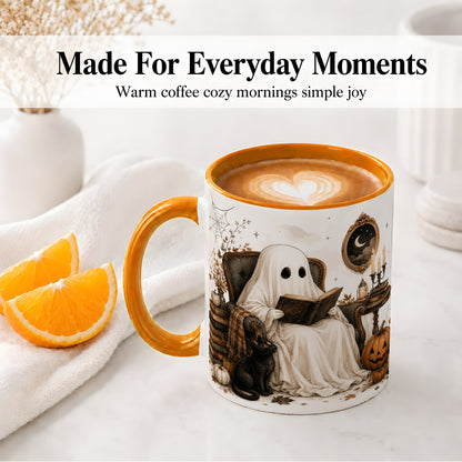 #pl[11oz|Orange] Cozy Ghost Reader Ceramic Coffee Cup, Mug with Halloween Artwork