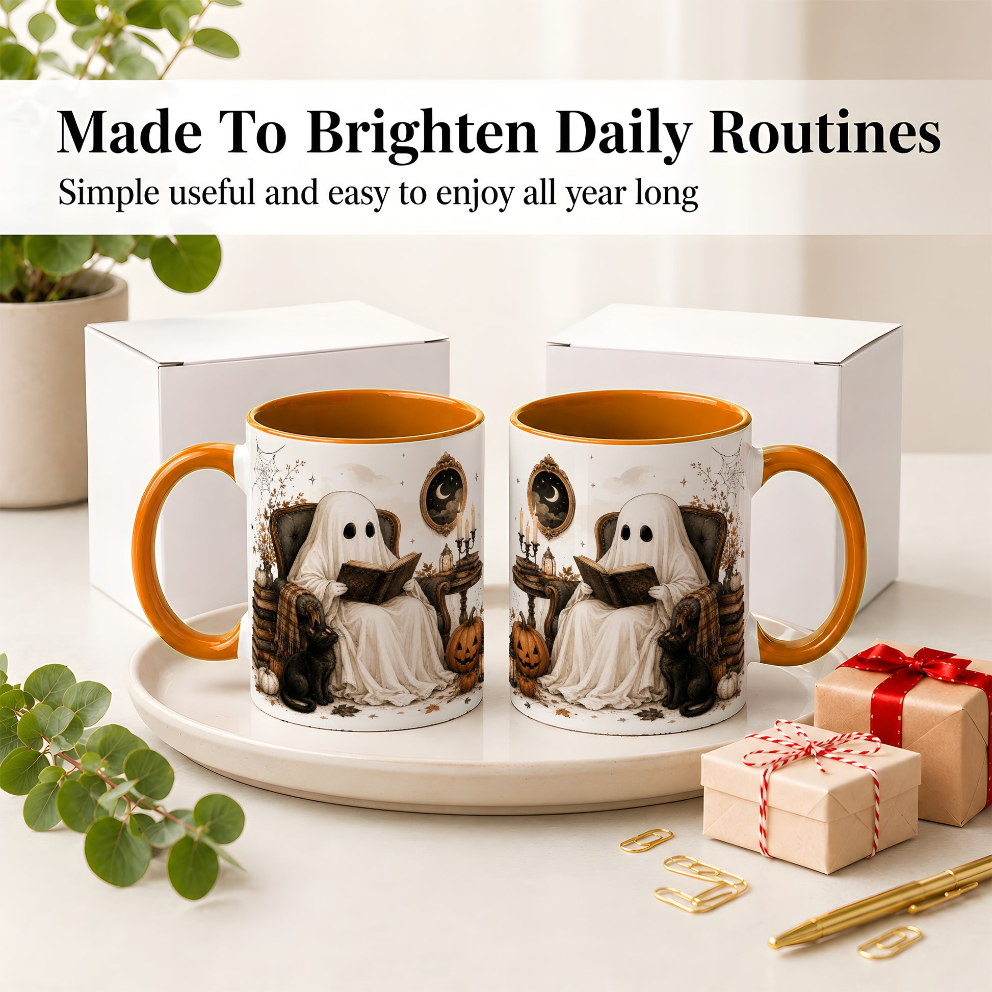 #pl[11oz|Orange] Cozy Ghost Reader Ceramic Coffee Cup, Mug with Halloween Artwork