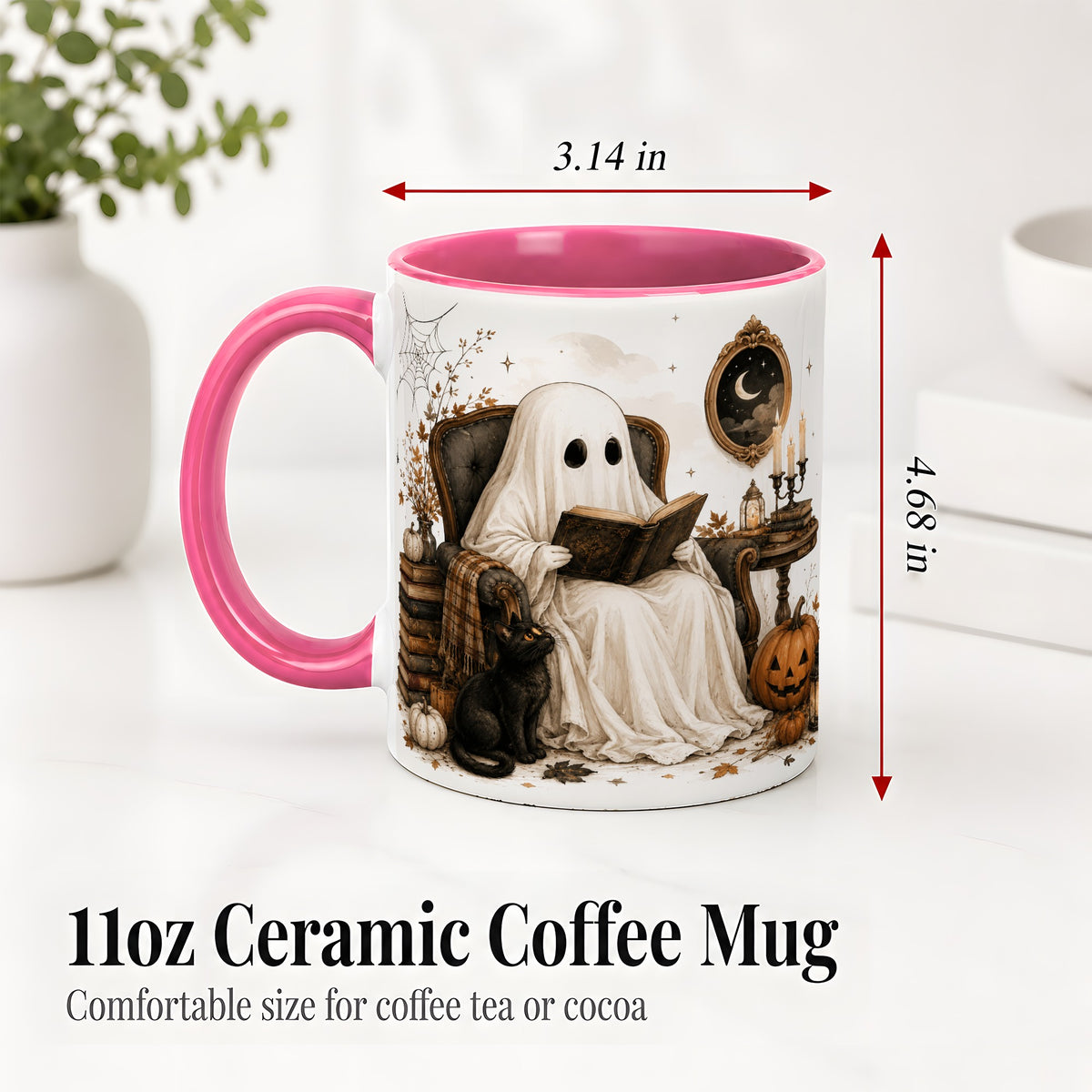 #pl[11oz|Pink] Cozy Ghost Reader Ceramic Coffee Cup, Mug with Halloween Artwork
